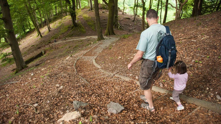 Visitors exploring the woodland trails around Allan Bank, Grasmere, Cumbria